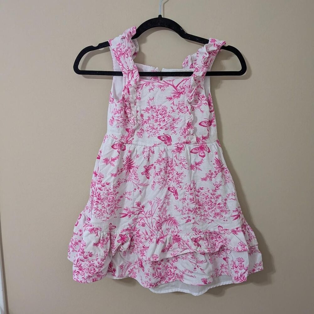 Btween Pink Toile De Jouy Ruffle Girls Dress Cottagecore Smocked Sundress Sz 7